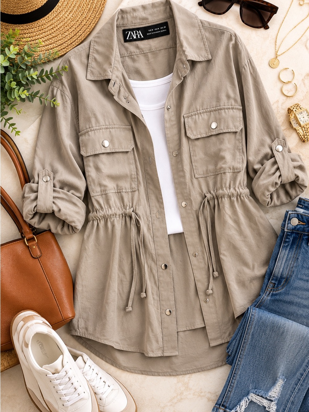 ZARA Taupe Utility Shirt Jacket M Oversized Drawstring Waist Safari Shacket